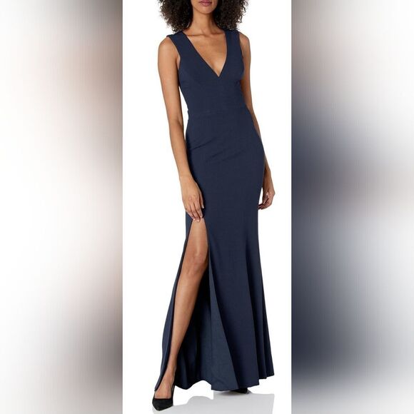 Dress The Population Sandra Plunge Crepe Trumpet Gown NWOT size Small Navy Blue - Picture 1 of 5
